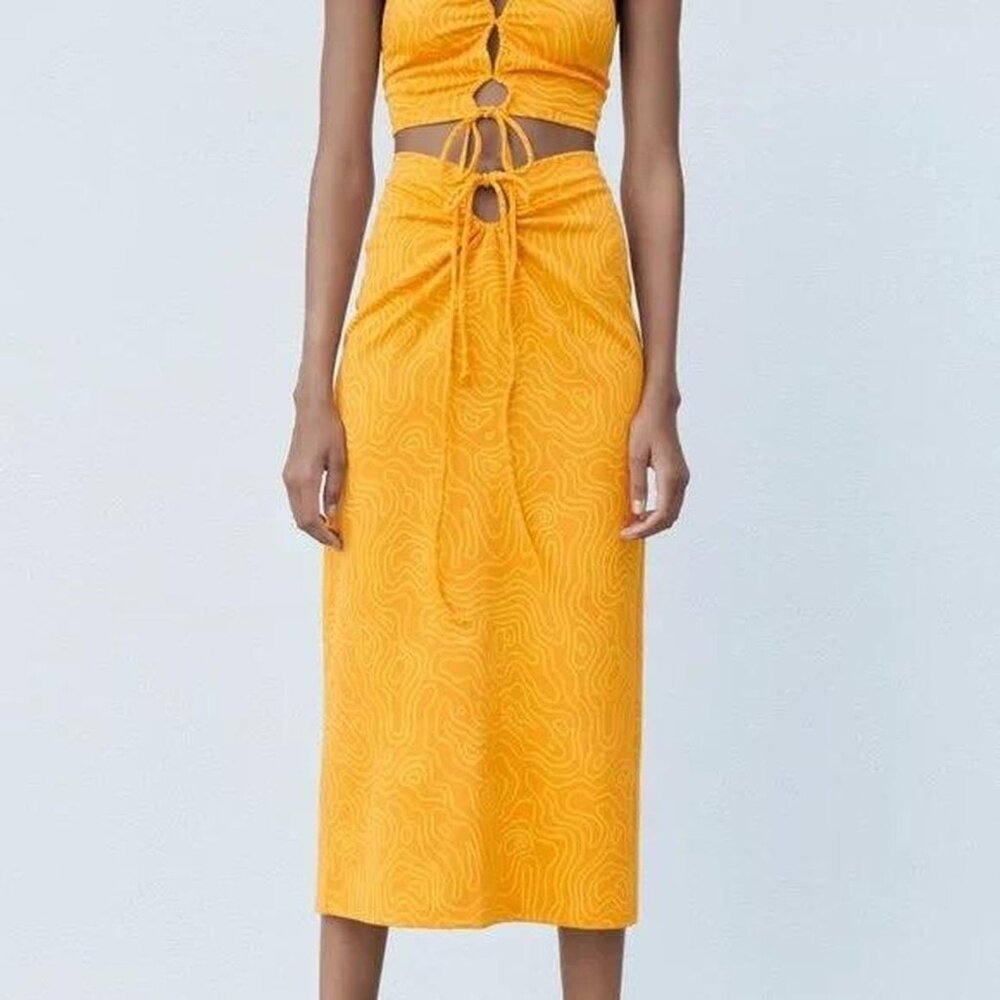 Zara Groovy Yellow and Orange Midi Skirt Size Medium